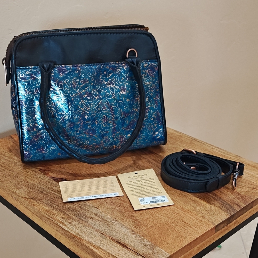 Patricia Nash Kimono Tapestry Iridescent Blue Floral Crossbody with Black Trim